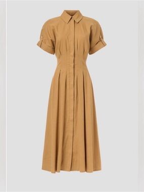 Veronica Beard Adavi Tan Button-Front Shirt Dress with Structured Pleats